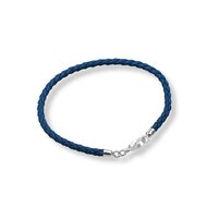 Bedelarmband van stevig gevlochten leer met zilveren sluiting in de kleur donkerblauw, verkrijgbaar in verschillende maten