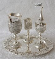 Havdalah Set, prachtige verzilverde set met afbeeldigen van de Oude Stad Jeruzalem