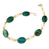 Prachtige Armband met glanzend gepolijste ovale Eilatstenen en een combinatie van 9 Kt vergulde en zilveren kralen uit de Rafae