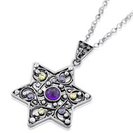Davidster hangertje, handgemaakt filigree zilveren Davidster hangertje met saffieren in 2 kleuren blauw aan bijpassende ketting