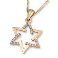 Davidster hangertje, schitterend 18K gouden Davidster hangertje in sierlijk design gedeeltelijk bezet met diamantjes uit de Raf