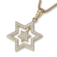 Davidster hangertje, exclusief 18K gouden dubbel Davidster hangertje bezet met diamantjes uit de Rafael Jewelry collectie