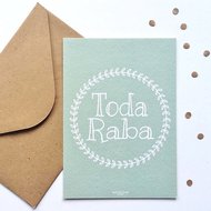 Kaart met envelop met Toda Raba (dankjewel) in mintgroen met Krans design van Ahavah design